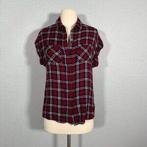 beachlunchlounge Women's XS Red Plaid Short Sleeve Button Up Shirt